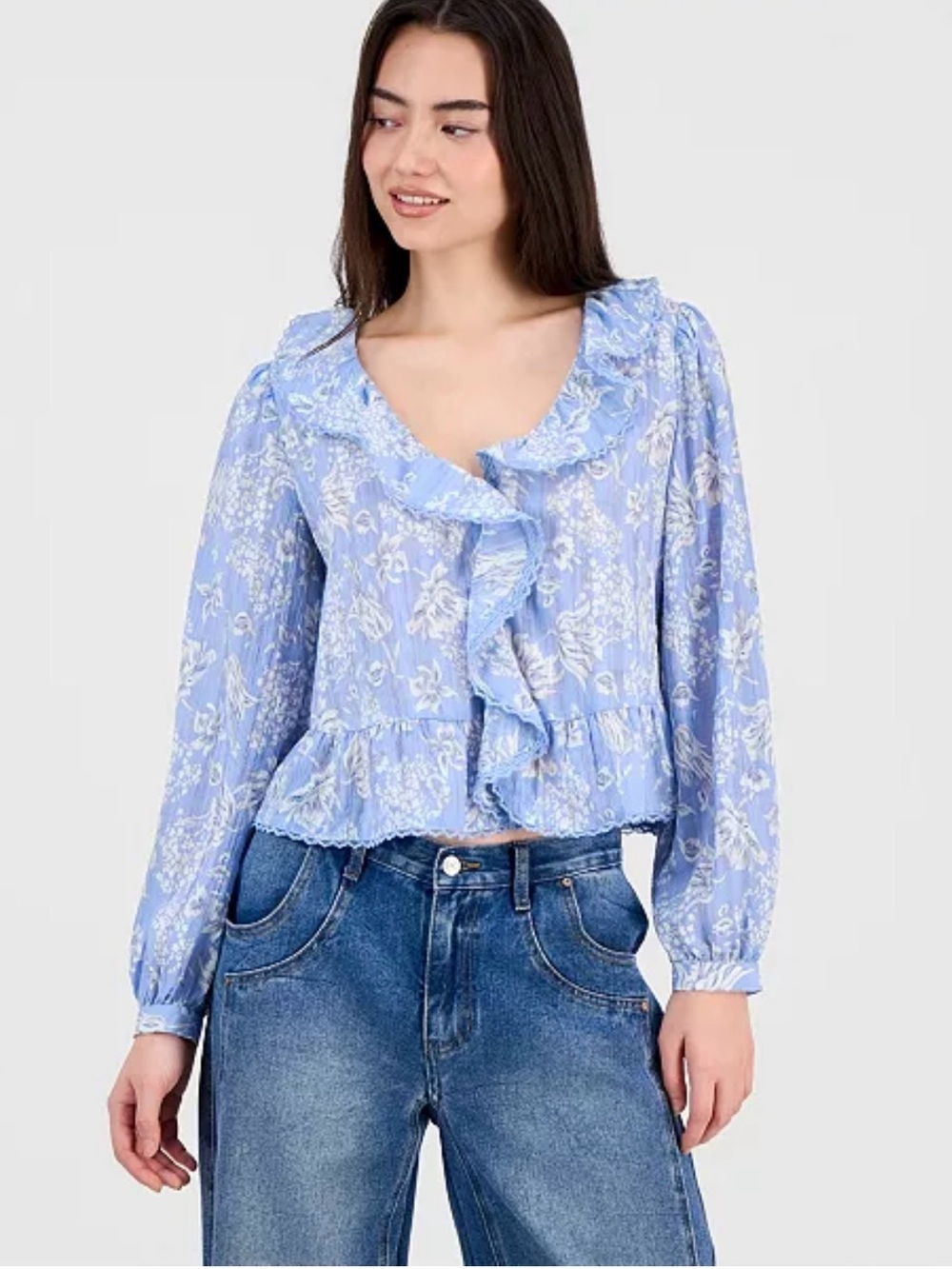 Light Blue Floral Ruffle Blouse